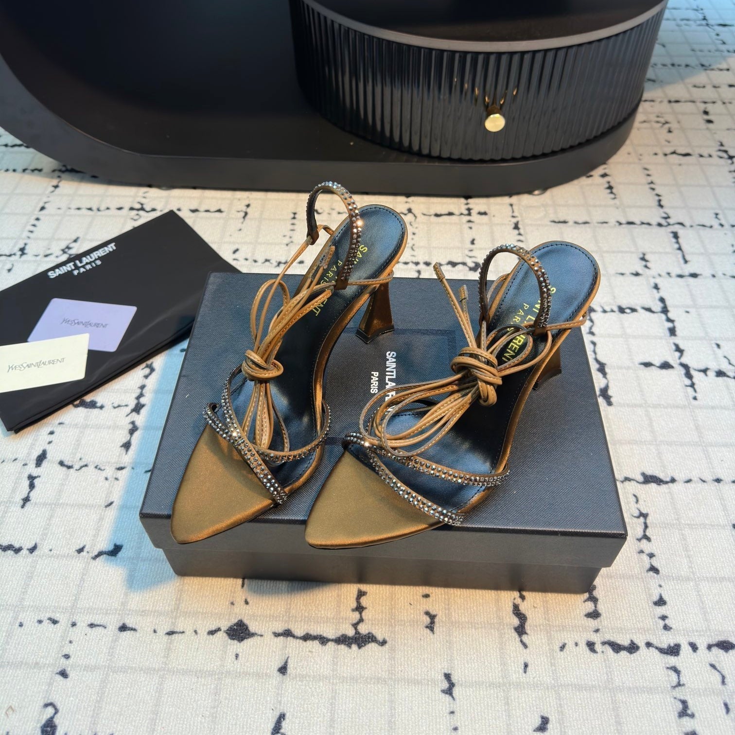 Saint Laurent HIGH HEEL SANDALS WITH SHINY RHINESTONES STRAP IN GOLDEN BROWN SILK