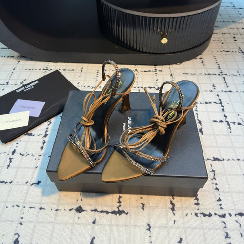 Saint Laurent HIGH HEEL SANDALS WITH SHINY RHINESTONES STRAP IN GOLDEN BROWN SILK