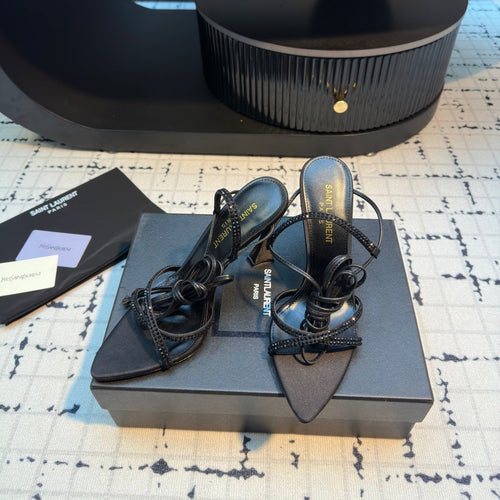 Saint Laurent HIGH HEEL SANDALS WITH SHINY RHINESTONES STRAP IN BLACK SILK