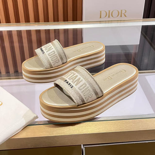 DIOR Dway Platform Slide Beige Brown Fabric with Lambskin 242442