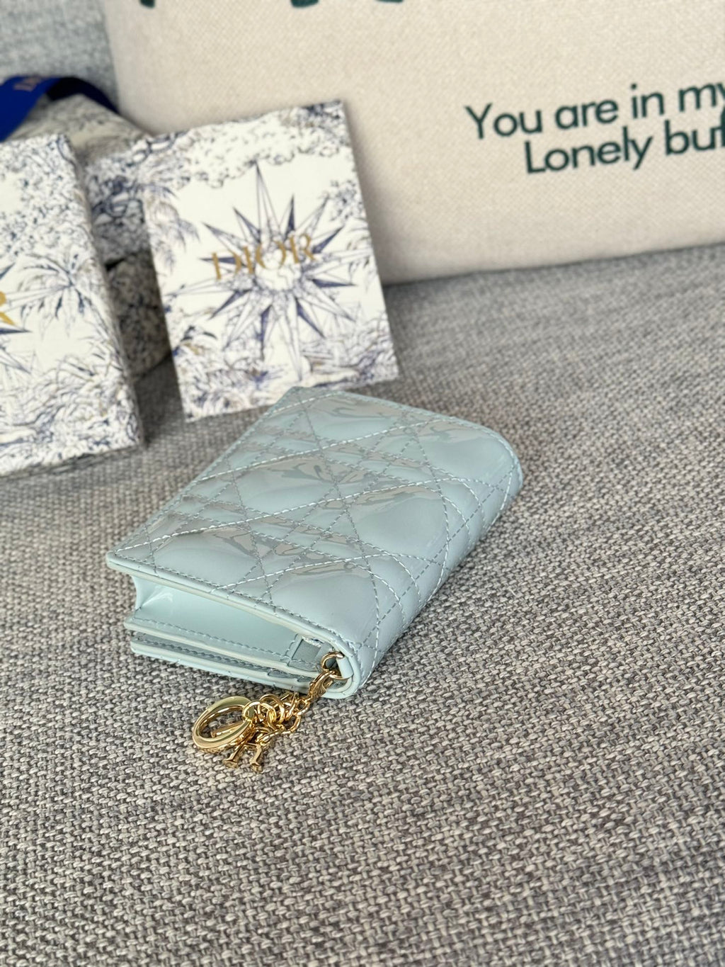 DIOR Caro 11cm Compact Wallet Shiny Cloud Blue Calfskin