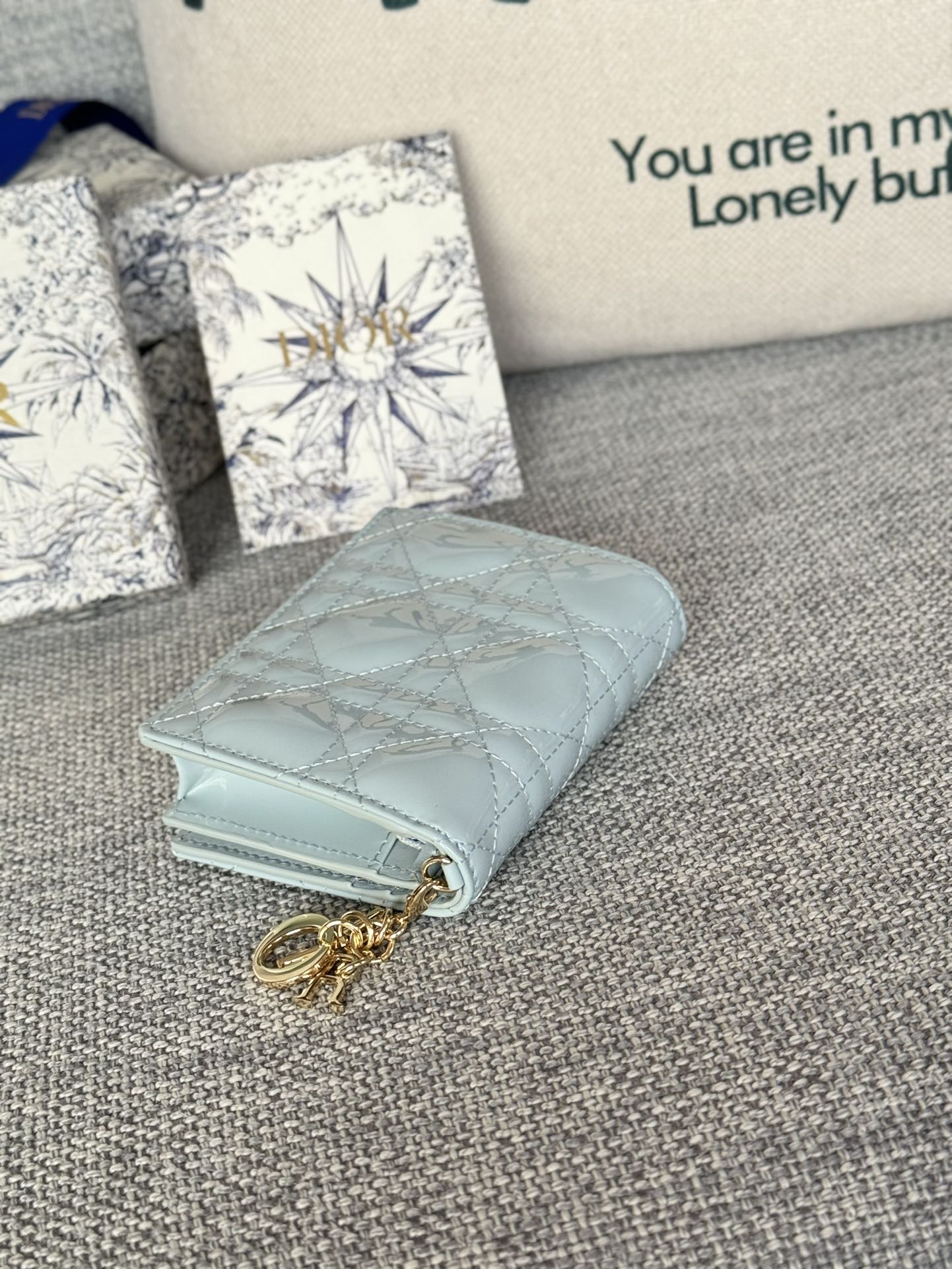 DIOR Caro 11cm Compact Wallet Shiny Cloud Blue Calfskin