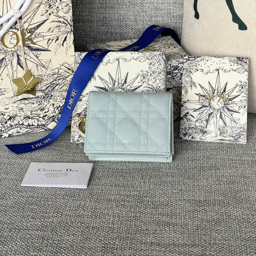 DIOR Caro 11cm Compact Wallet Shiny Cloud Blue Calfskin