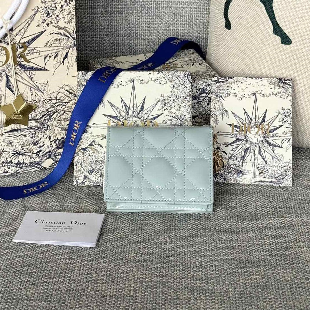 DIOR Caro 11cm Compact Wallet Shiny Cloud Blue Calfskin