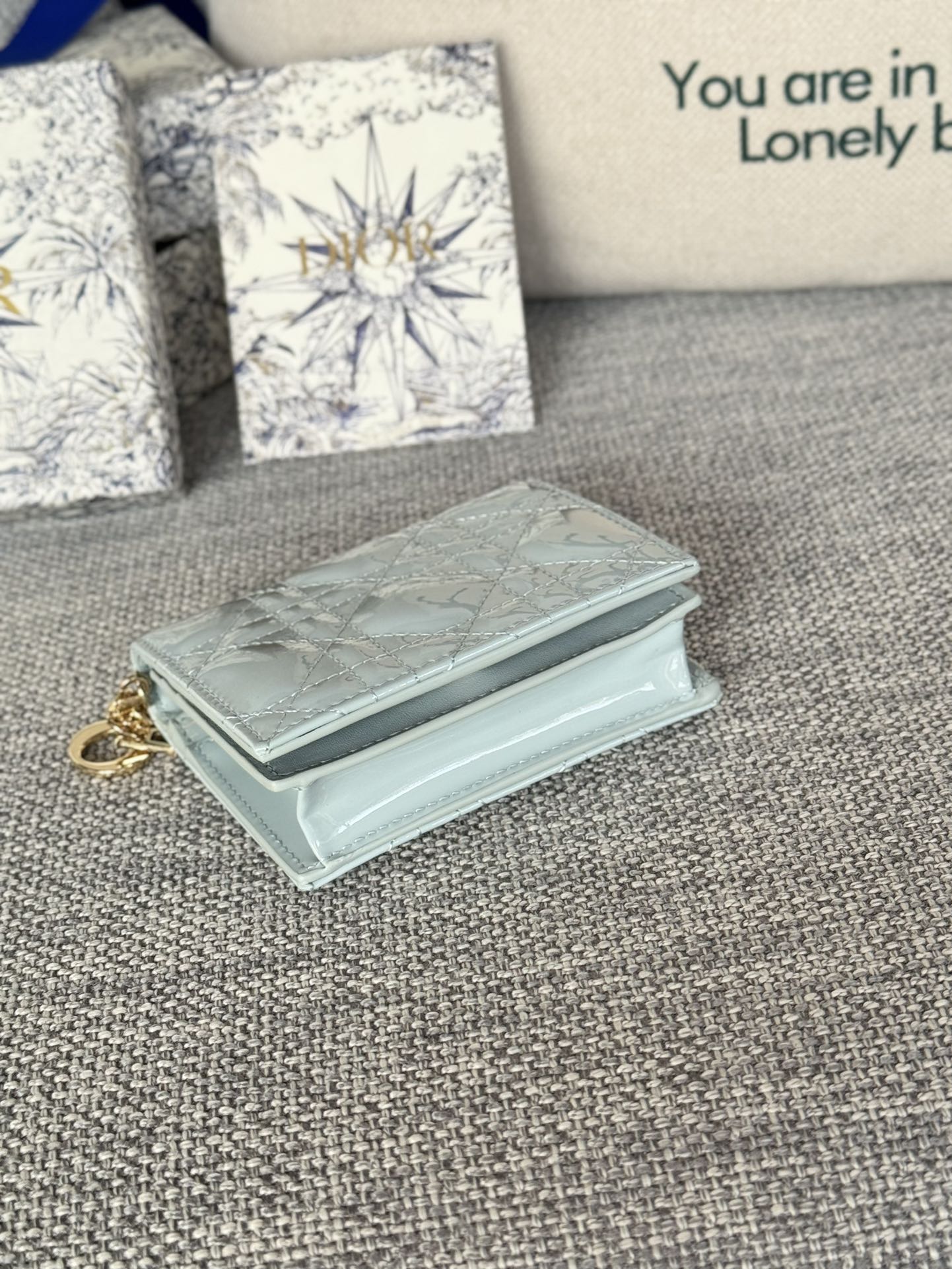 DIOR Caro 11cm Compact Wallet Shiny Cloud Blue Calfskin