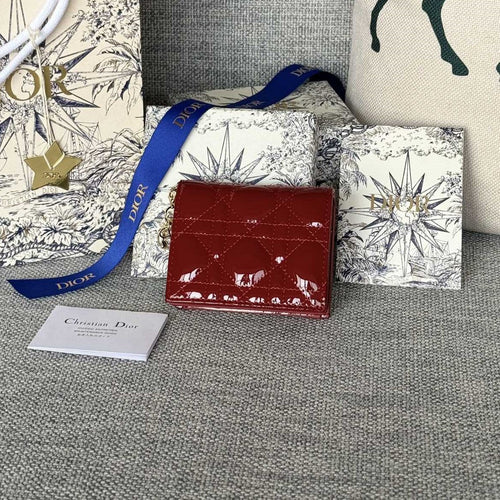 DIOR Caro 11cm Compact Wallet Shiny Red Calfskin
