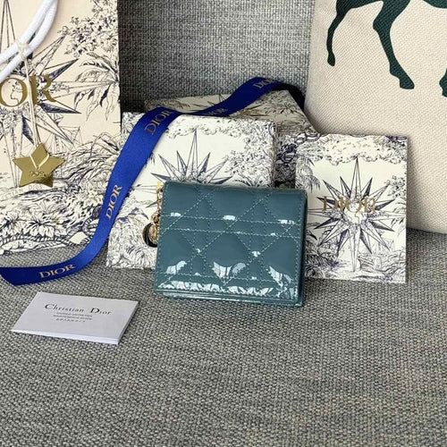 DIOR Caro 11cm Compact Wallet Shiny Teal Calfskin