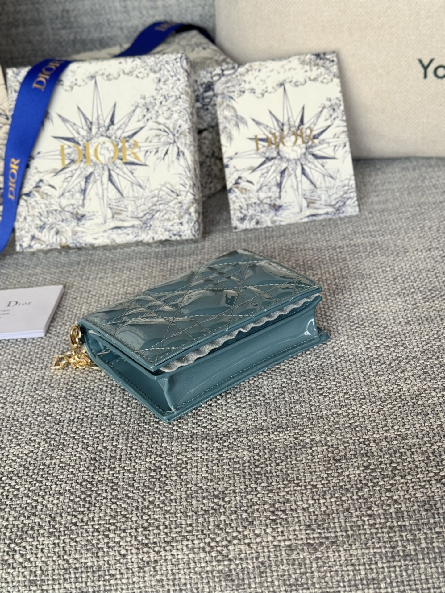 DIOR Caro 11cm Compact Wallet Shiny Teal Calfskin