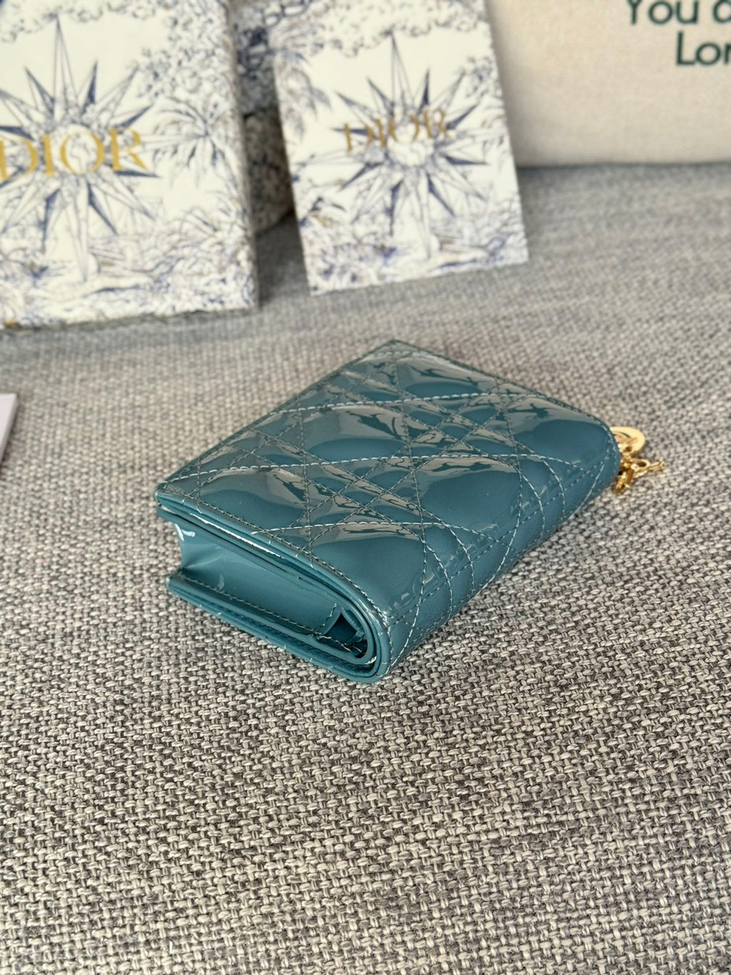 DIOR Caro 11cm Compact Wallet Shiny Teal Calfskin