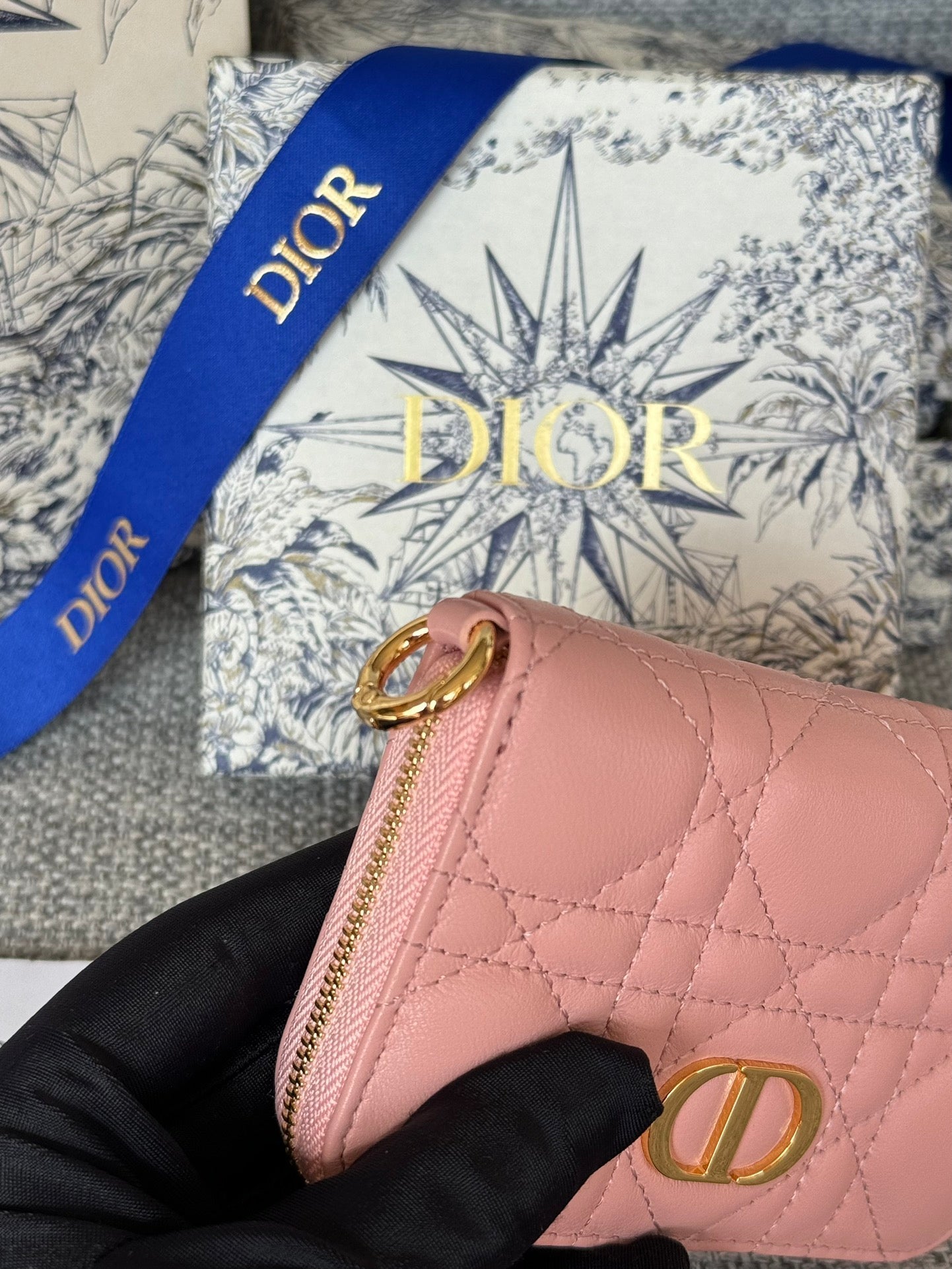 DIOR Logo Caro 11cm Compact Wallet Pink Calfskin
