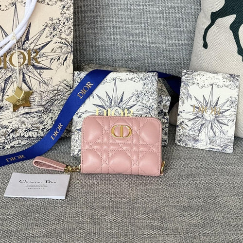 DIOR Logo Caro 11cm Compact Wallet Pink Calfskin