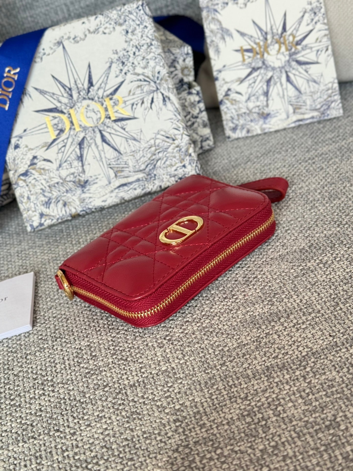 DIOR Logo Caro 11cm Compact Wallet Red Calfskin