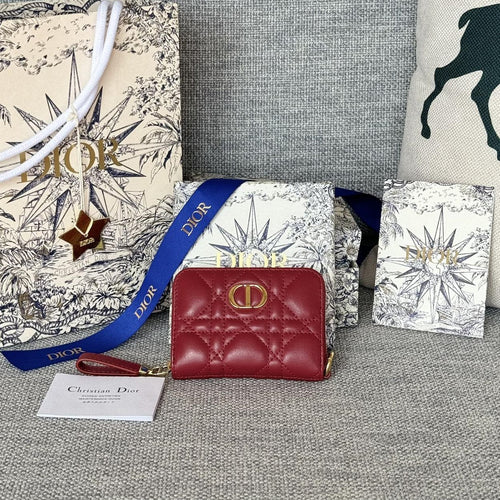 DIOR Logo Caro 11cm Compact Wallet Red Calfskin