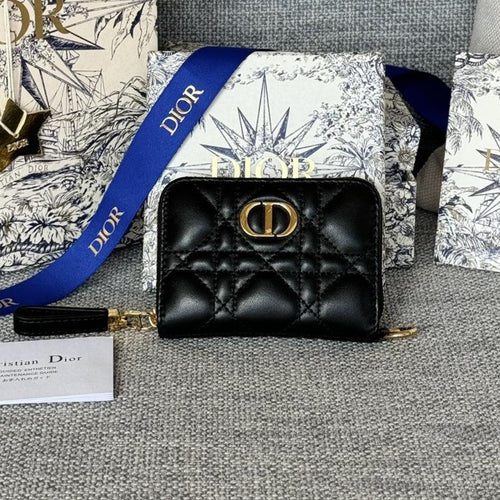 DIOR Logo Caro 11cm Compact Wallet Black Calfskin