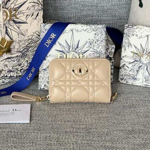 DIOR Logo Caro 11cm Compact Wallet Beige Calfskin