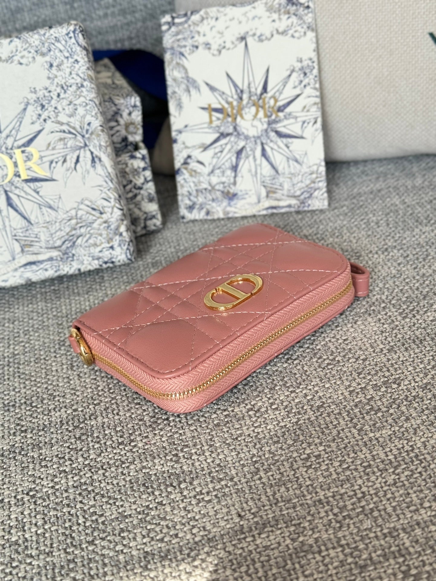 DIOR Logo Caro 11cm Compact Wallet Dark Pink Calfskin