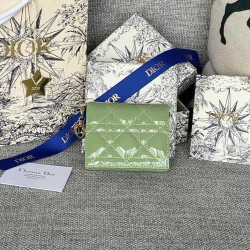 DIOR Caro 11cm Compact Wallet Shiny Green Calfskin