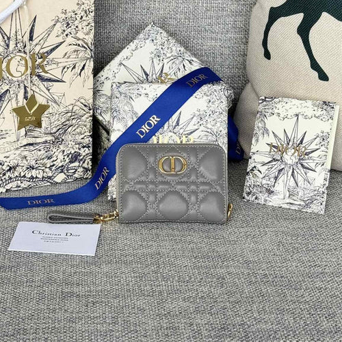 DIOR Logo Caro 11cm Compact Wallet Grey Calfskin