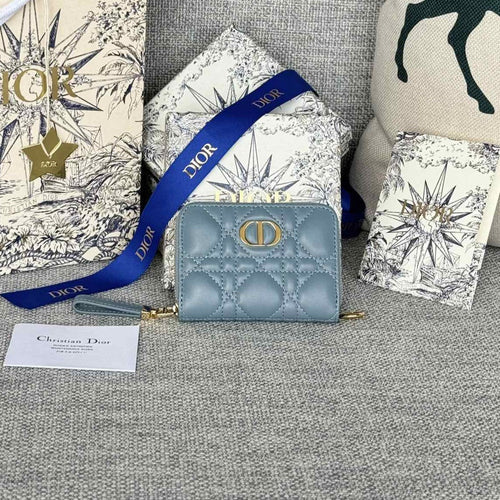 DIOR Logo Caro 11cm Compact Wallet Cloud Blue Calfskin