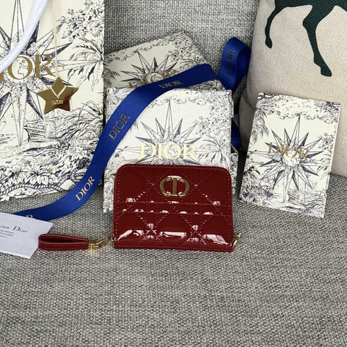 DIOR Logo Caro 11cm Compact Wallet Shiny Red Calfskin