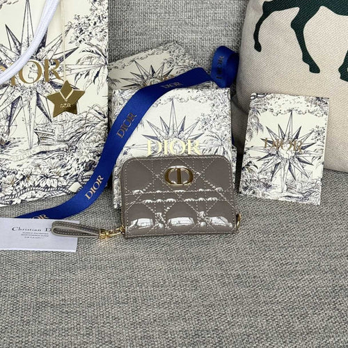 DIOR Logo Caro 11cm Compact Wallet Shiny Grey Calfskin