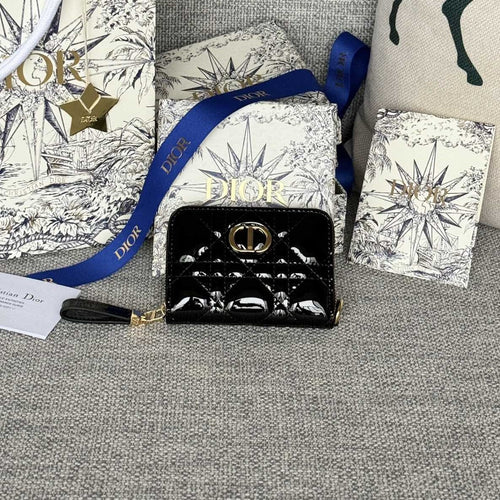 DIOR Logo Caro 11cm Compact Wallet Shiny Black Calfskin