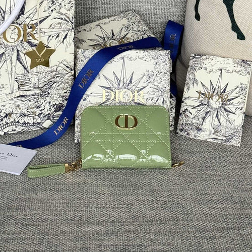 DIOR Logo Caro 11cm Compact Wallet Shiny Green Calfskin