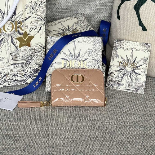 DIOR Logo Caro 11cm Compact Wallet Shiny Dark Beige Calfskin