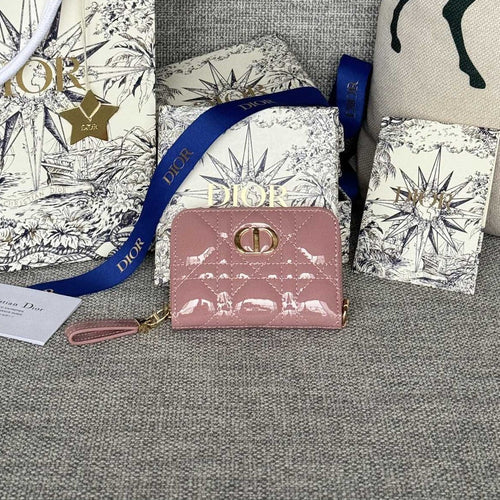 DIOR Logo Caro 11cm Compact Wallet Shiny Pink Calfskin