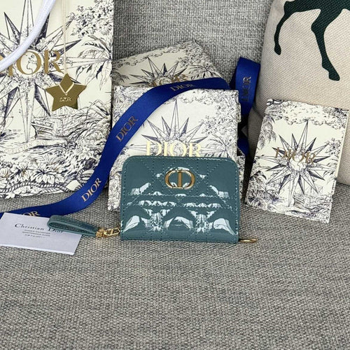 DIOR Logo Caro 11cm Compact Wallet Shiny Teal Calfskin