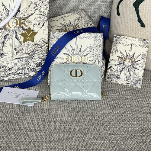 DIOR Logo Caro 11cm Compact Wallet Shiny Cloud Blue Calfskin