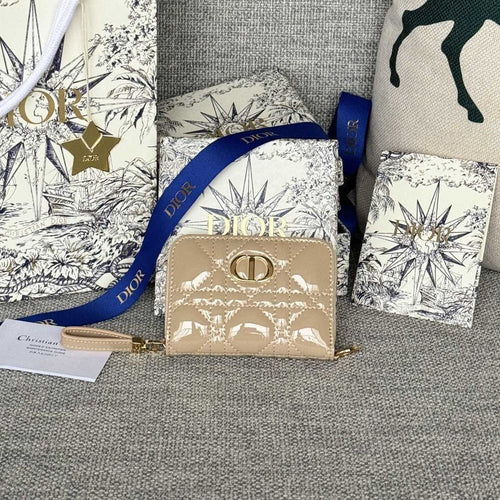 DIOR Logo Caro 11cm Compact Wallet Shiny Beige Calfskin