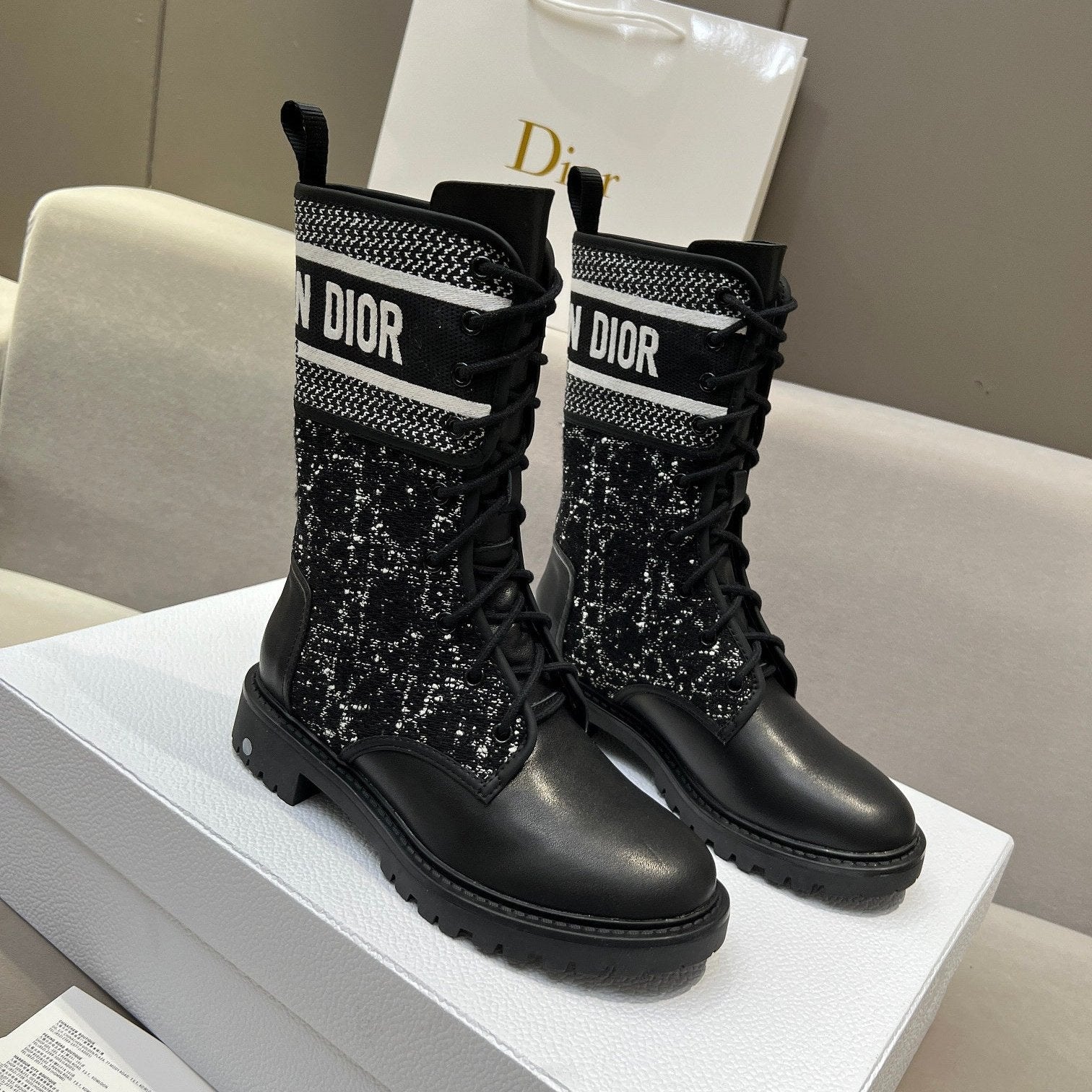 DIOR D-Major Ankle Boot In Black Mix White Tweed And Lambskin  107725