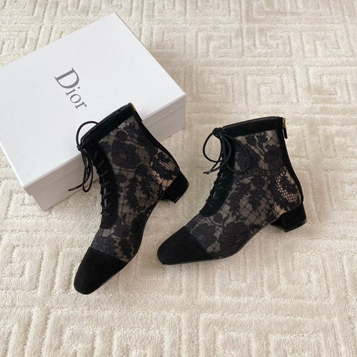 DIOR Naughtily-D Heeled Ankle Boot Black Transparent Mesh Roses Embroidery And Suede