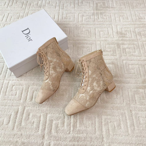 DIOR Naughtily-D Heeled Ankle Boot Beige Transparent Mesh Roses Embroidery And Suede