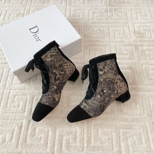 DIOR Naughtily-D Heeled Ankle Boot Black Transparent Mesh Butterfly And Suede