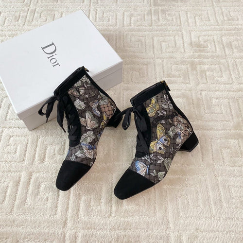 DIOR Naughtily-D Heeled Ankle Boot Black Mix Yellow Blue Transparent Mesh Butterfly And Suede