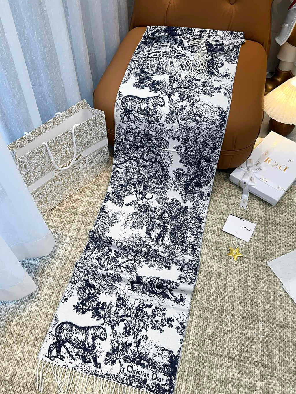 DIOR SCARF 220 CM IN NAVY BLUE MIX WHITE MONOGRAM CASHMERE AND WOOL 413656