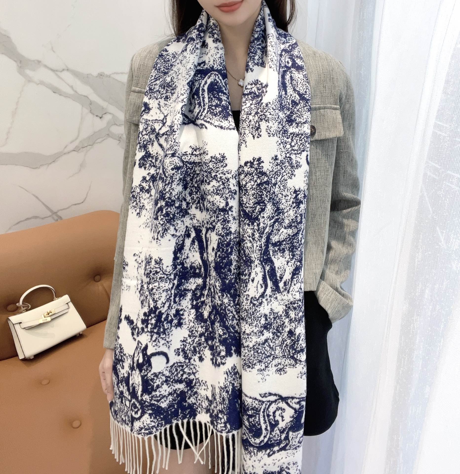 DIOR SCARF 220 CM IN NAVY BLUE MIX WHITE MONOGRAM CASHMERE AND WOOL 413656