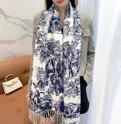 DIOR SCARF 220 CM IN NAVY BLUE MIX WHITE MONOGRAM CASHMERE AND WOOL 413656