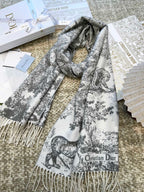 DIOR SCARF 220 CM IN WHITE MIX LIGHT GRAY MONOGRAM CASHMERE AND WOOL 413657
