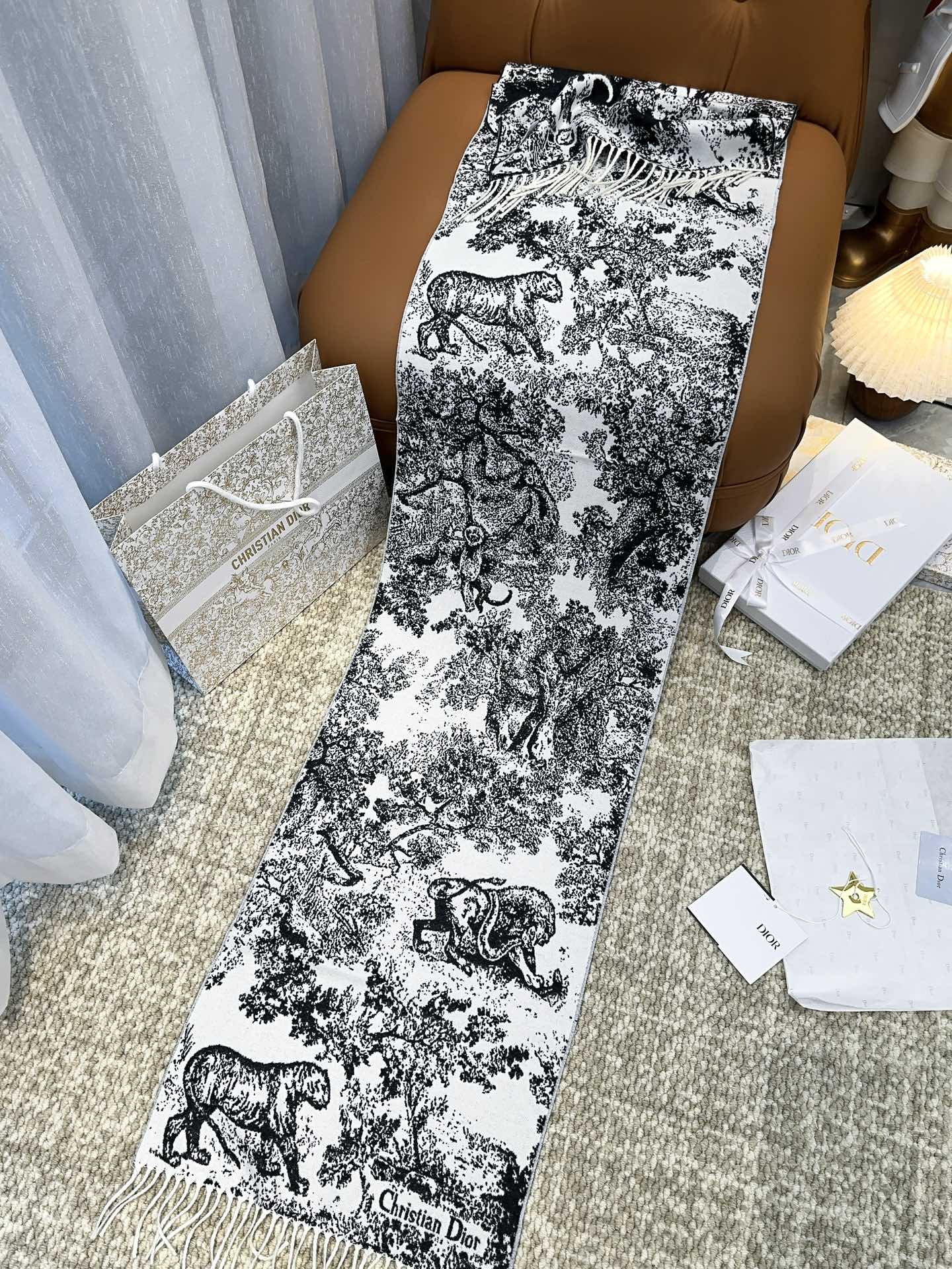 DIOR SCARF 220 CM IN BLACK MIX WHITE MONOGRAM CASHMERE AND WOOL 413658