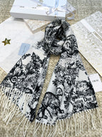 DIOR SCARF 220 CM IN BLACK MIX WHITE MONOGRAM CASHMERE AND WOOL 413658