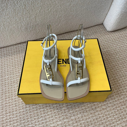 FENDI FENDI O'LOCK THONG SANDAL WHITE CALFSKIN WITH GOLD HARDWARE