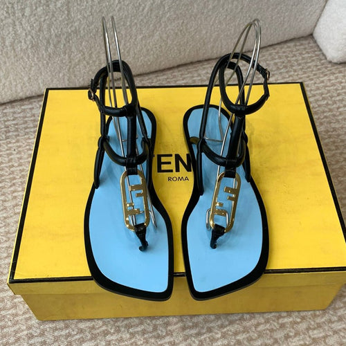 FENDI FENDI O'LOCK THONG SANDAL BLACK AND BLUE CALFSKIN WITH GOLD HARDWARE