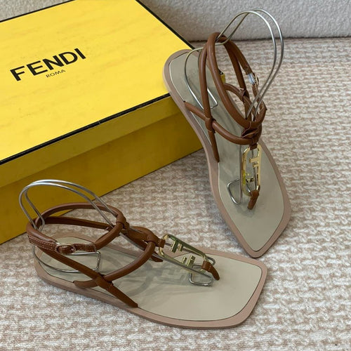 FENDI FENDI O'LOCK THONG SANDAL BROWN CALFSKIN WITH GOLD HARDWARE
