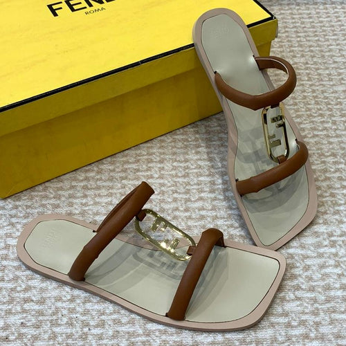FENDI FENDI O'LOCK SLIDES BROWN CALFSKIN WITH GOLD HARDWARE
