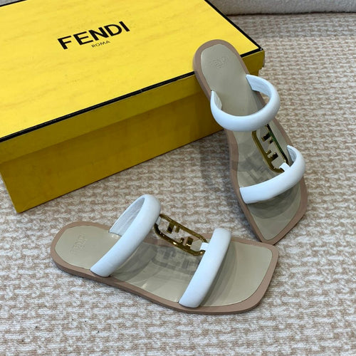 FENDI FENDI O'LOCK SLIDES WHITE CALFSKIN WITH GOLD HARDWARE