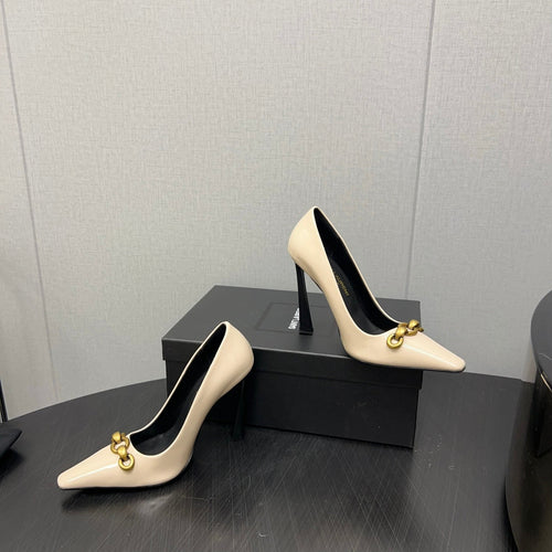 Saint Laurent HIGH PUMPS IN CREAM GLOSSY CALFSKIN ATTACHED GOLD CHAIN