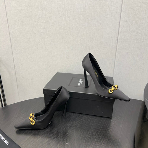 Saint Laurent HIGH PUMPS IN BLACK SILK ATTACHED GOLD CHAIN